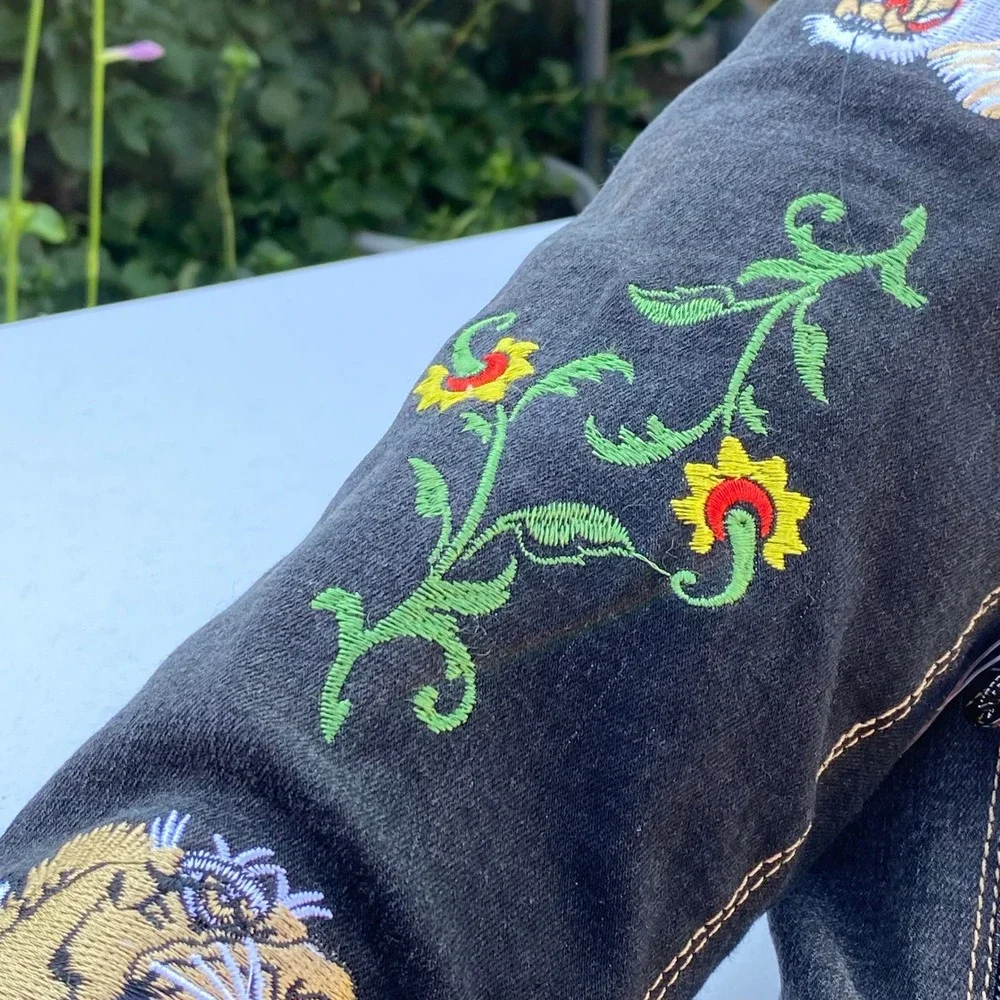 Edgy Indie Sleaze Black Denim Over The Knee Boots Tiger Floral Embroidered - 6M